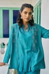 Shop_Vidushi Gupta_Teal Modal, Cotton, Silk Cut Work, Lace Round Blue Designer Jacket And Pant Set _Online_at_Aza_Fashions