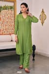 Buy_Vidushi Gupta_Green Modal, Silk, Cotton Tassels V-neck Pearl Embroidered Kurta And Pant Set _at_Aza_Fashions