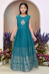 Buy_Petite Pomme_Blue Satin, Polyester Tassels Printed Gown And Jacket Set _Online_at_Aza_Fashions