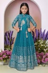 Shop_Petite Pomme_Blue Satin, Polyester Tassels Printed Gown And Jacket Set _Online_at_Aza_Fashions