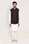 Shop_Arihant Rai Sinha_Wine Cut Work Jacquard Nehru Jacket Set _Online_at_Aza_Fashions