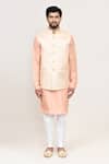 Shop_Arihant Rai Sinha_Gold Embroidery Peach Art Silk Nehru Jacket Set _Online_at_Aza_Fashions