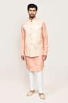 Shop_Arihant Rai Sinha_Gold Embroidery Peach Art Silk Nehru Jacket Set 