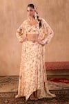 Buy_Mehak Murpana X AZA_Ivory Crepe Embroidery Sweetheart Neck, Floral Print Draped Skirt Jacket Set _at_Aza_Fashions