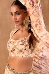 Mehak Murpana X AZA_Ivory Crepe Embroidery Sweetheart Neck, Floral Print Draped Skirt Jacket Set _at_Aza_Fashions