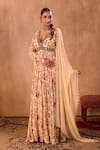 Shop_Mehak Murpana X AZA_Ivory Crepe, Georgette Embroidery V-neck Floral Print Anarkali With Dupatta _Online_at_Aza_Fashions