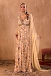 Mehak Murpana X AZA_Ivory Crepe, Georgette Embroidery V-neck Floral Print Anarkali With Dupatta _Online
