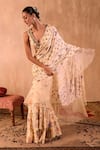 Mehak Murpana X AZA_Ivory Crepe, Organza Embroidery Printed Pre-draped Ruffle Saree With Blouse 