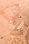 Shop_Mehak Murpana X AZA_Ivory Crepe, Net Embroidery, Zari V-neck Floral Print Layered Lehenga Set _Online_at_Aza_Fashions