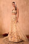 Buy_Mehak Murpana X AZA_Ivory Crepe, Net Embroidery, Zari V-neck Floral Print Layered Lehenga Set _Online