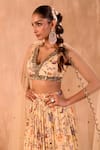 Shop_Mehak Murpana X AZA_Ivory Crepe, Net Embroidery, Zari V-neck Floral Print Layered Lehenga Set _Online
