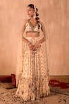 Buy_Mehak Murpana X AZA_Ivory Crepe, Net Embroidery, Zari V-neck Floral Print Layered Lehenga Set _at_Aza_Fashions