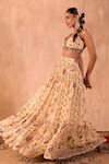 Mehak Murpana X AZA_Ivory Crepe, Net Embroidery, Zari V-neck Floral Print Layered Lehenga Set 