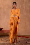 Buy_Mehak Murpana X AZA_Yellow Crepe V-neck Floral Print Draped Kaftan _Online_at_Aza_Fashions