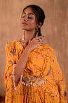 Mehak Murpana X AZA_Yellow Crepe V-neck Floral Print Draped Kaftan _Online