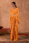 Buy_Mehak Murpana X AZA_Yellow Crepe V-neck Floral Print Draped Kaftan _Online