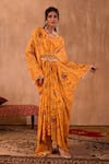 Mehak Murpana X AZA_Yellow Crepe V-neck Floral Print Draped Kaftan _Online_at_Aza_Fashions