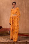 Shop_Mehak Murpana X AZA_Yellow Crepe V-neck Floral Print Draped Kaftan _Online