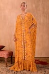 Mehak Murpana X AZA_Yellow Crepe Embroidery V-neck Floral Print Long Kaftan With Pant _Online_at_Aza_Fashions
