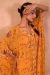 Mehak Murpana X AZA_Yellow Crepe Embroidery V-neck Floral Print Long Kaftan With Pant _at_Aza_Fashions
