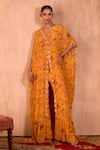 Buy_Mehak Murpana X AZA_Yellow Crepe Embroidery V-neck Floral Print Long Kaftan With Pant _at_Aza_Fashions