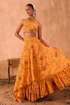 Buy_Mehak Murpana X AZA_Yellow Crepe Tassels Halter Neck Floral Print Blouse And Layered Lehenga Set _Online_at_Aza_Fashions