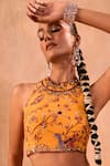 Shop_Mehak Murpana X AZA_Yellow Crepe Tassels Halter Neck Floral Print Blouse And Layered Lehenga Set _Online_at_Aza_Fashions