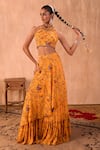 Buy_Mehak Murpana X AZA_Yellow Crepe Tassels Halter Neck Floral Print Blouse And Layered Lehenga Set _at_Aza_Fashions