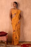 Shop_Mehak Murpana X AZA_Yellow Crepe Tassels, Embroidery Halter Printed Pre-draped Saree With Blouse _Online_at_Aza_Fashions