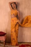 Mehak Murpana X AZA_Yellow Crepe Tassels, Embroidery Halter Printed Pre-draped Saree With Blouse _at_Aza_Fashions