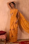 Shop_Mehak Murpana X AZA_Yellow Crepe Tassels, Embroidery Halter Printed Pre-draped Saree With Blouse 