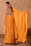 Mehak Murpana X AZA_Yellow Crepe, Georgette Embroidery Round Neck Floral Print Anarkali With Dupatta 