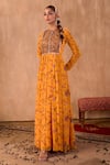 Mehak Murpana X AZA_Yellow Crepe, Georgette Embroidery Round Neck Floral Print Anarkali With Dupatta 