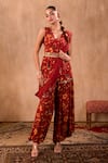 Buy_Mehak Murpana X AZA_Red Crepe Embroidery, Beads, Tassels Floral Print Peplum Top And Draped Pant Set _at_Aza_Fashions