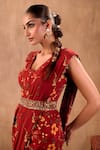 Shop_Mehak Murpana X AZA_Red Crepe Embroidery, Beads, Tassels Floral Print Peplum Top And Draped Pant Set _Online_at_Aza_Fashions