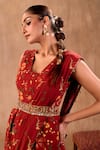 Buy_Mehak Murpana X AZA_Red Crepe Embroidery, Beads, Tassels Floral Print Peplum Top And Draped Pant Set 