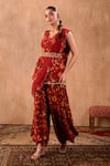 Shop_Mehak Murpana X AZA_Red Crepe Embroidery, Beads, Tassels Floral Print Peplum Top And Draped Pant Set 