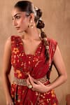 Mehak Murpana X AZA_Red Crepe Embroidery, Beads, Tassels Floral Print Peplum Top And Draped Pant Set _Online