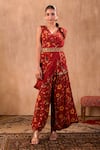 Shop_Mehak Murpana X AZA_Red Crepe Embroidery, Beads, Tassels Floral Print Peplum Top And Draped Pant Set _Online