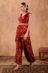 Mehak Murpana X AZA_Red Crepe Embroidery, Beads, Tassels Floral Print Peplum Top And Draped Pant Set 
