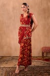 Mehak Murpana X AZA_Red Crepe Embroidery, Beads, Tassels Floral Print Peplum Top And Draped Pant Set 