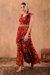 Mehak Murpana X AZA_Red Crepe Embroidery, Beads, Tassels Floral Print Peplum Top And Draped Pant Set _Online_at_Aza_Fashions