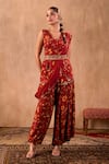 Mehak Murpana X AZA_Red Crepe Embroidery, Beads, Tassels Floral Print Peplum Top And Draped Pant Set 