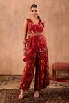 Mehak Murpana X AZA_Red Crepe Embroidery, Beads, Tassels Floral Print Peplum Top And Draped Pant Set 