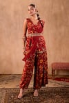 Mehak Murpana X AZA_Red Crepe Embroidery, Beads, Tassels Floral Print Peplum Top And Draped Pant Set 