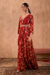 Mehak Murpana X AZA_Red Crepe Embroidery V-neck Floral Print Anarkali With Draped Dupatta 