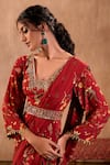 Mehak Murpana X AZA_Red Crepe Embroidery V-neck Floral Print Anarkali With Draped Dupatta 