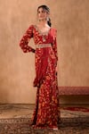 Mehak Murpana X AZA_Red Crepe Embroidery V-neck Floral Print Anarkali With Draped Dupatta 