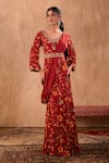 Mehak Murpana X AZA_Red Crepe Embroidery V-neck Floral Print Anarkali With Draped Dupatta 
