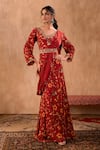 Buy_Mehak Murpana X AZA_Red Crepe Embroidery V-neck Floral Print Anarkali With Draped Dupatta _at_Aza_Fashions